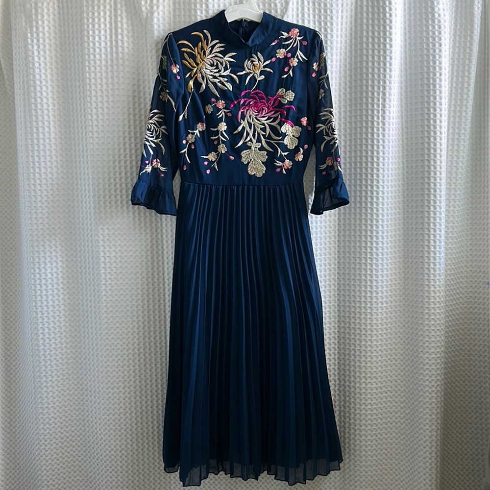 ASOS DESIGN high neck pleated long sleeve skater maxi dress w embroidery in navy